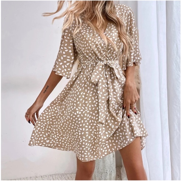 Boho coral Leopard Print Butterfly Sleeve Mini Dress - Picture 5 of 11